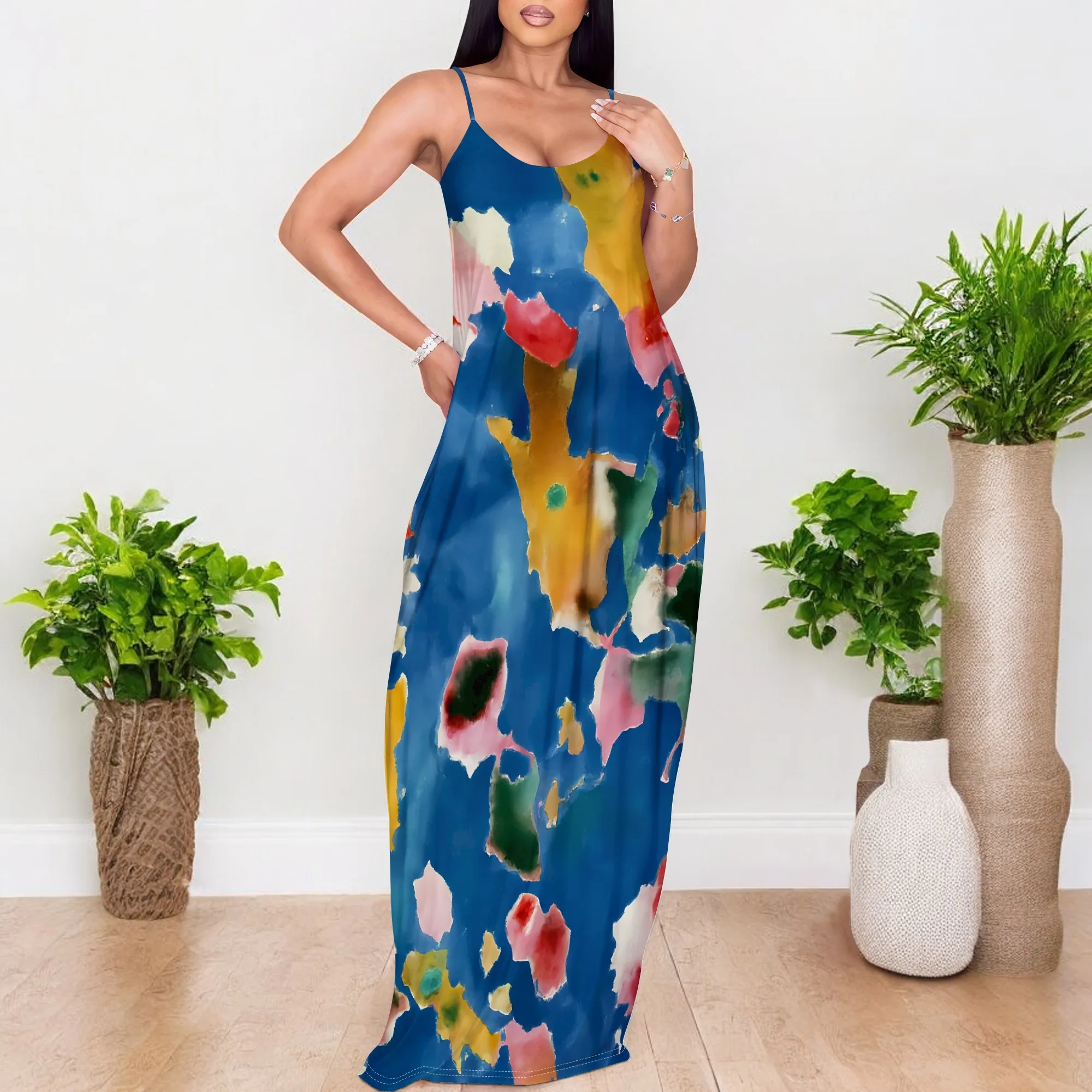 

Boho Abstract Print Maxi Dress Women's Spaghetti Strap Summer Flowy Dress Vintage Tie Dye Cami Vacation Beach Long Dress XS-3XL