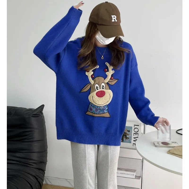 Deer Christmas Pullover Sweater Sweet Gentle Temperament Versatile Autumn Winter Women\'s Lazy Style Loose Knit Sweater Top