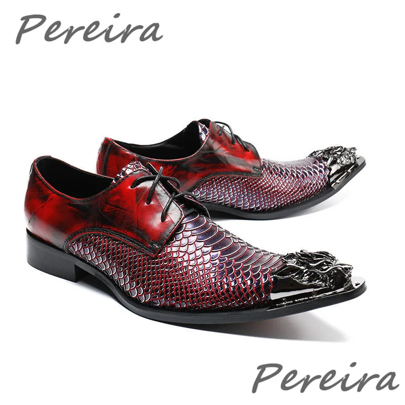 Metal Pointed Toe Snake Patterned Men\'s Shoes Wine Red Lace Up Genuine Leather Formal Shoe Fashion British Style Brogue Shoes