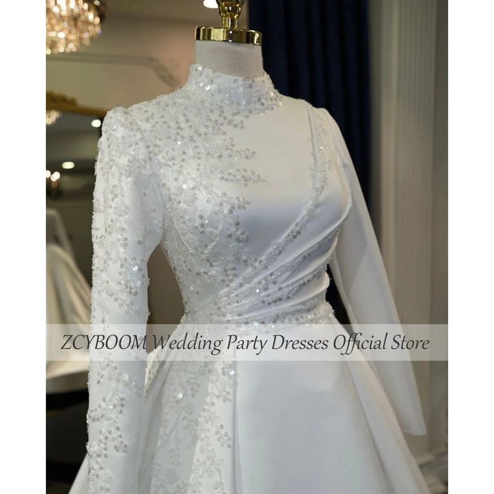 فستان زفاف مسلم برقبة عالية مزين بالترتر وأكمام طويلة 2025 على شكل حرف a طول الأرض سويب تراين وصمة عار فستان زفاف رائع