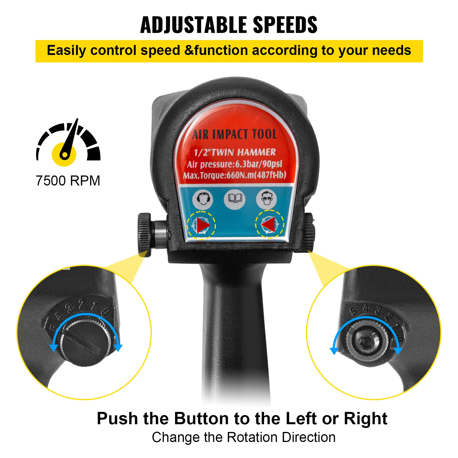 VEVOR Avvitatore a Impulsi, 660 Nm Avvitatori a Massa Battente in Acciaio e Alluminio, Dimensioni Unità Quadrate 12,7mm Trapano Avvitatore a Percussione Nero, Velocità 7500 rpm, per Riparazione Auto