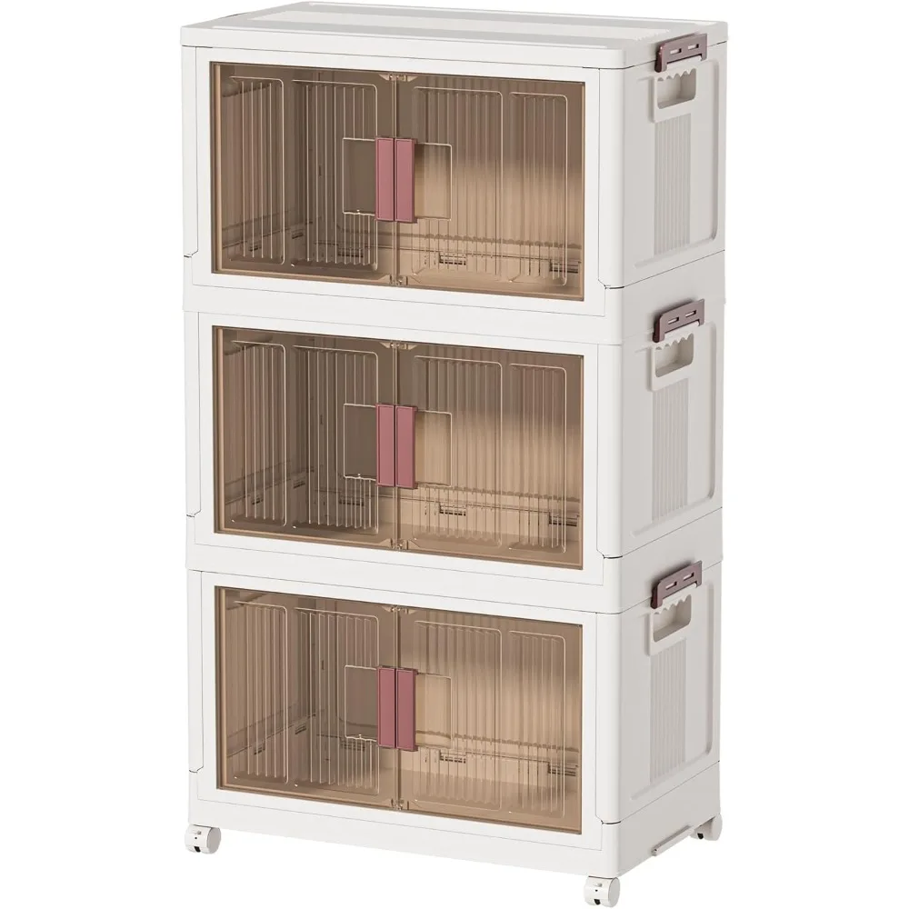 صناديق تخزين بلاستيكية كبيرة قابلة للتكديس مكونة من 3 طبقات مع أغطية وعجلات وأبواب، مثالية لتخزين الملابس