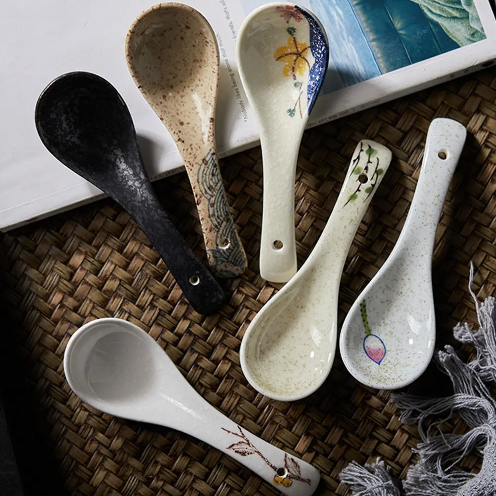 

6Pcs Japanese Style Ceramic Soup Spoons Set Smooth Surface Dishwasher Safe Home Restaurant Kitchen Tableware Creative Rice