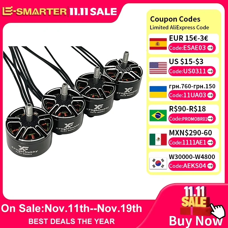 

Xflight Hobby 4 шт. 3115 900KV Бесщеточный двигатель 3-6S для 10-дюймового гоночного дрона дальнего действия FPV Дрон для фристайла FPV Дрон Квадрокоптер