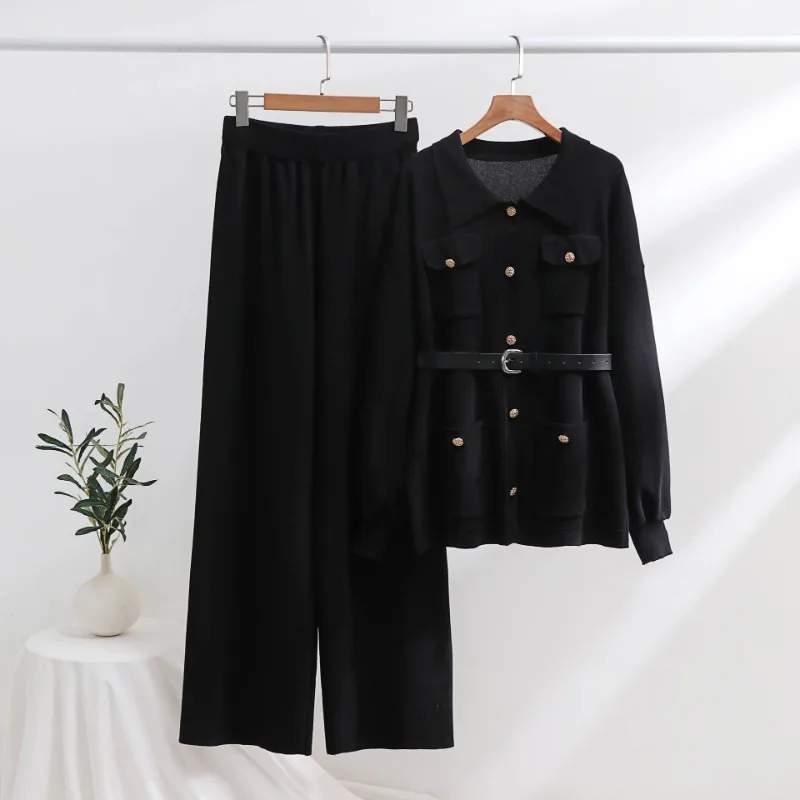 Autumn Winter Knitted Sweater Pants Suit Polo Collar Loose Sweater Coat High Waist Wide Leg Pants Women Two-piece Sets Elegant