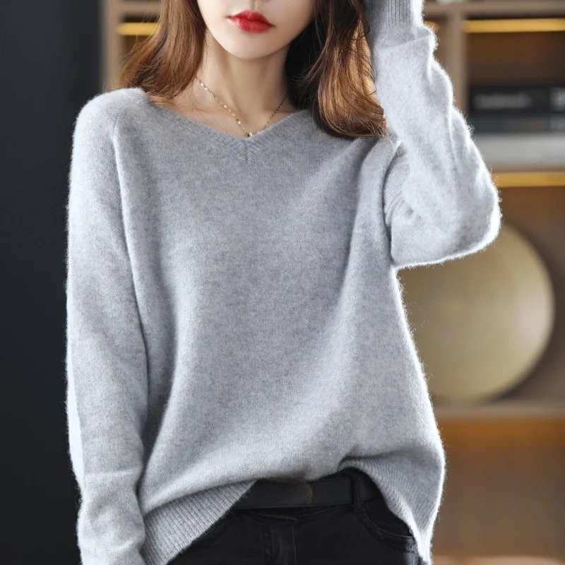 ゆったりとした女性用ニットセーター Vネック ウール ラップオーバー 秋冬 ファッション プラスサイズ 快適で暖かい ロングスリーブトップ