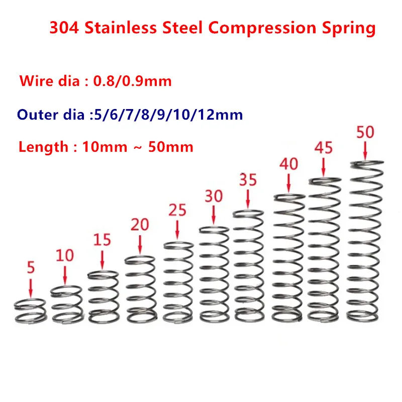 10pcs Wire dia 0.8mm 0.9mm 304 Stainless Steel Micro Small Compression Spring OD=5/6/7/8/9/10/12/13/14mm Length 5mm to 50mm