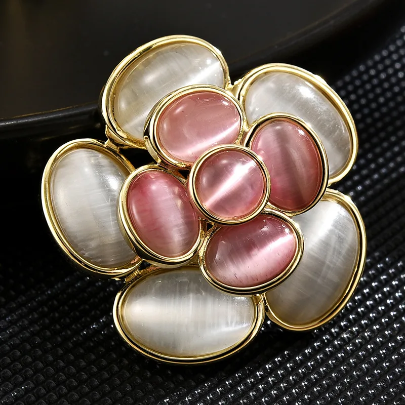 New Elegant Women Luxury Vintage Opal Camellia Brooches Pins Exquisite Design Lady Trendy Casual Clothing Dress Jewelry Corsage