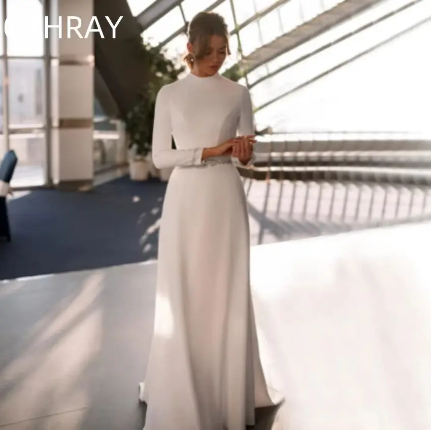 

Long Sleeves With Sashes Floor Length Zip Back Custom A Line Muslim High Collar Wedding Dress For Bride Formal Mono Bridal Gown