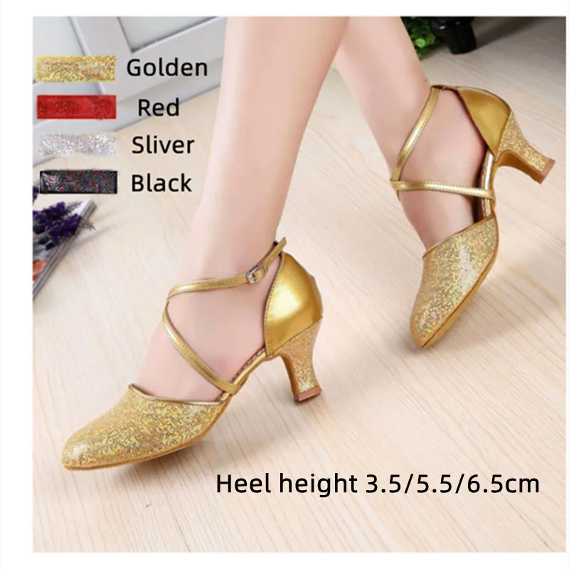 Ballroom Latin Dance Shoes For Women/Girls/Ladies Tango Salsa Closed Toe High Heeled Dancing Glitter Sequin Gold Silver Red