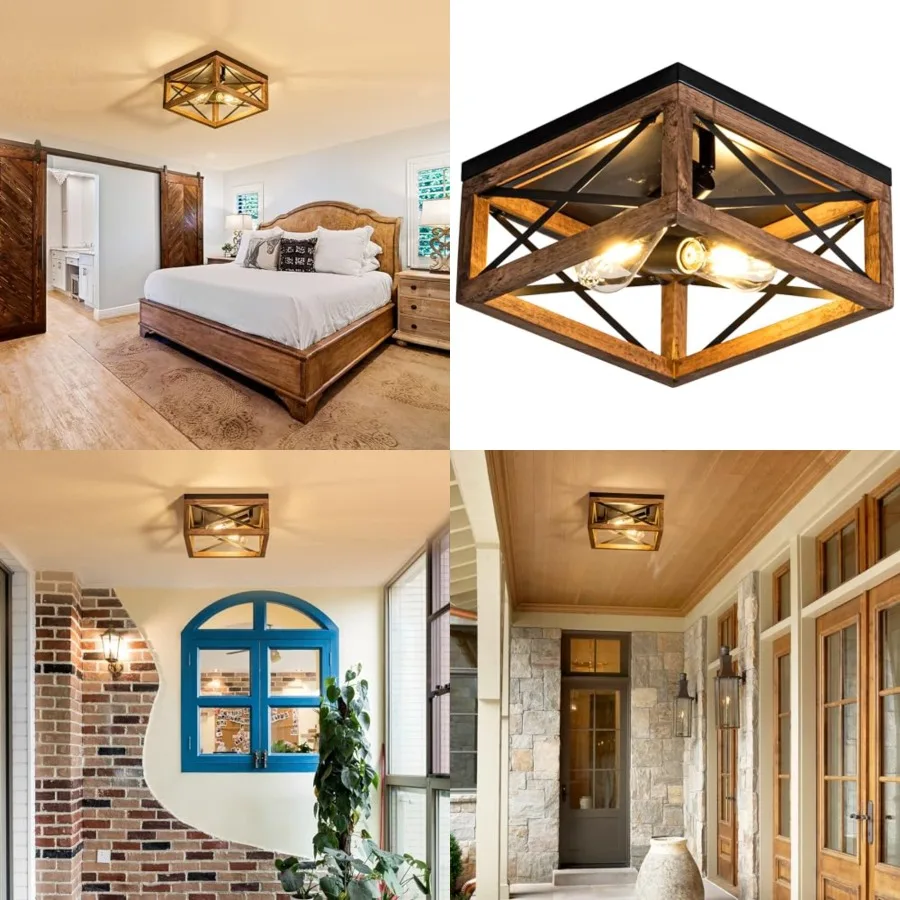 Flush Mount Ceiling Light Fixture for Kitchen Hallway, 2-Light Close to Ceiling Light with Black Metal and Wood Design, Rustic