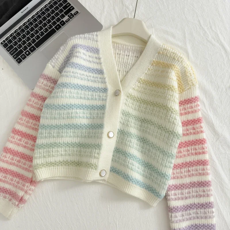 MiiiiX Sweet Casual Style Striped Cardigan Women's 2024 Autumn Style Loose Rainbow Patchwork Knitted Sweater Coat Female Clothes