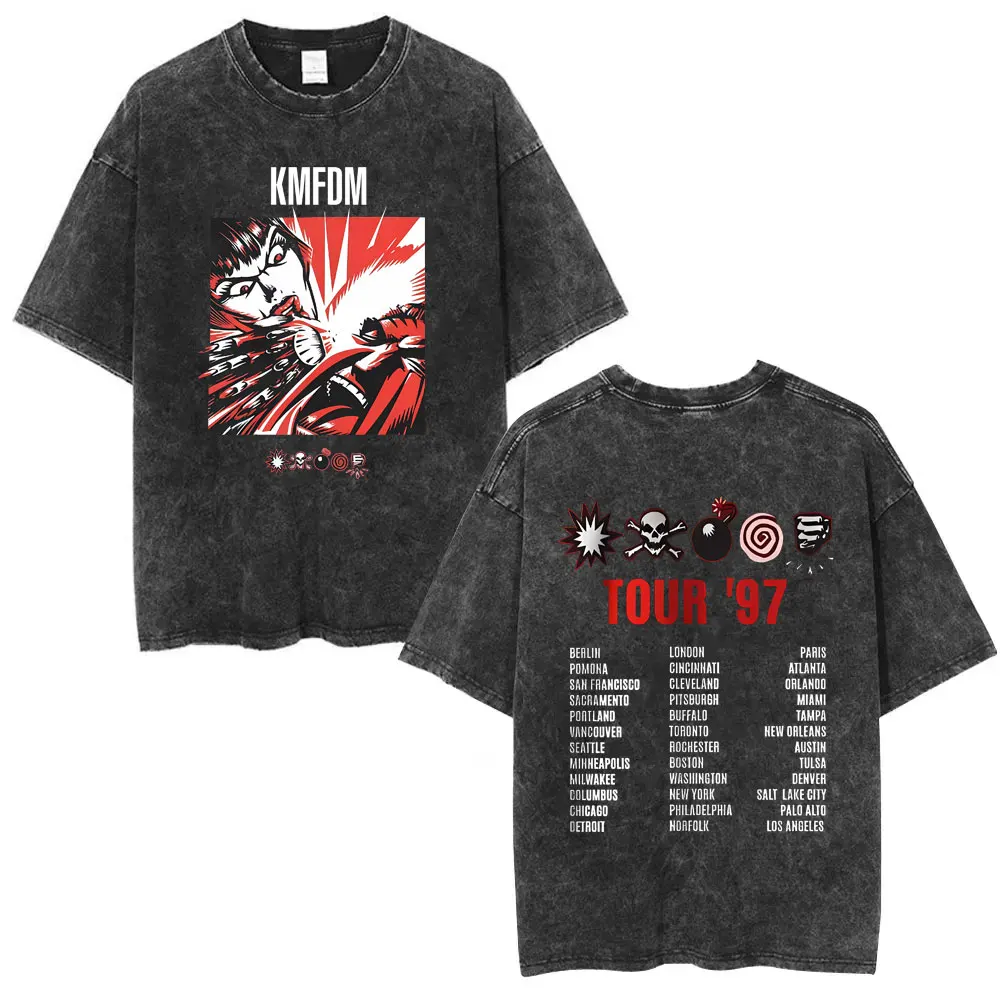 Washed Vintage Rock Band Kmfdm Angst Graphic T-shirt Men Women Retro Gothic Punk Streetwear Men's Casual Pure Cotton T Shirts
