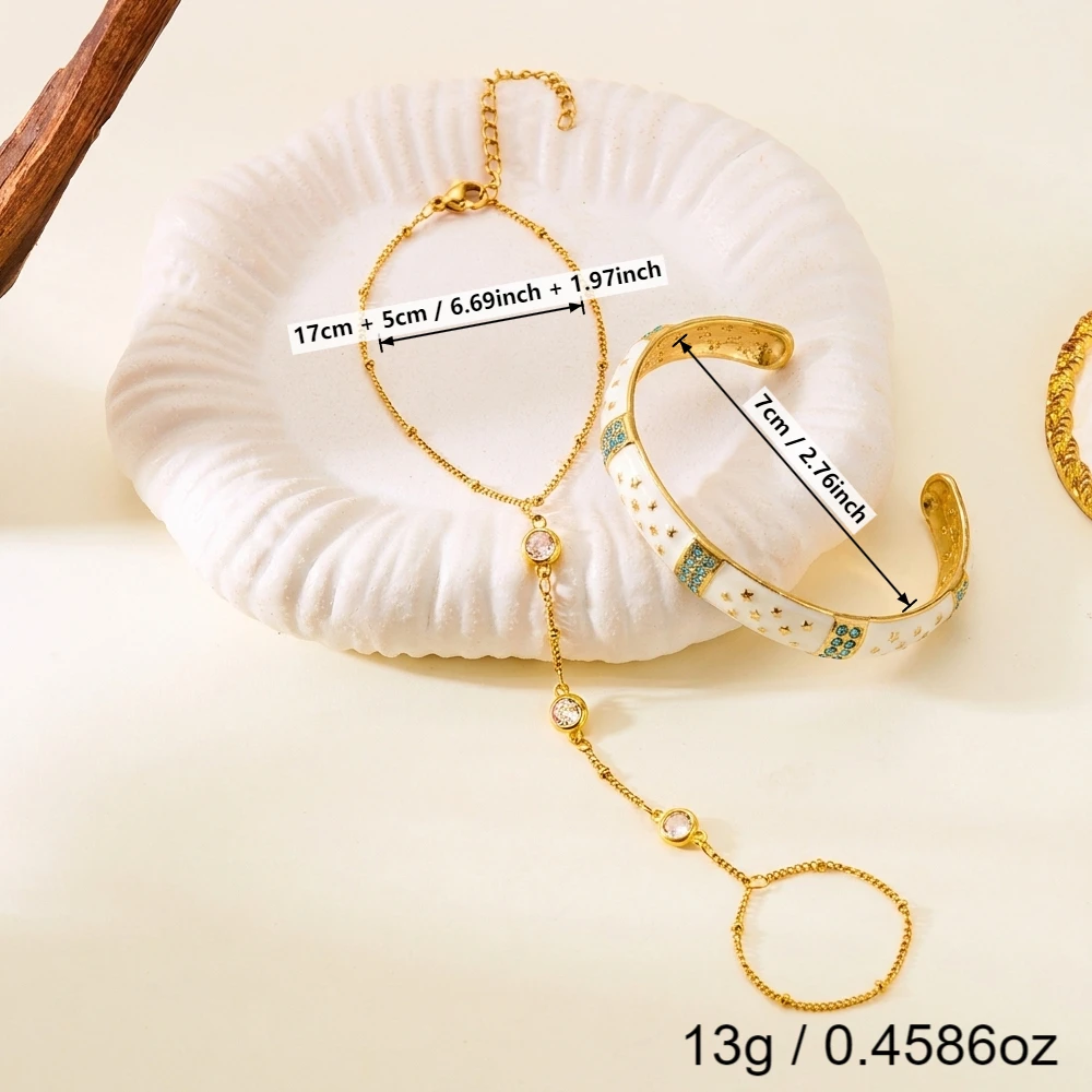 Vergoldetes Edelstahl-Armband-Set mit Zirkonia-Handkette und Emaille-Armreif für Damen, Zierliches CZ-Party- und Hochzeits-Schmuckgeschenk – Detail 3