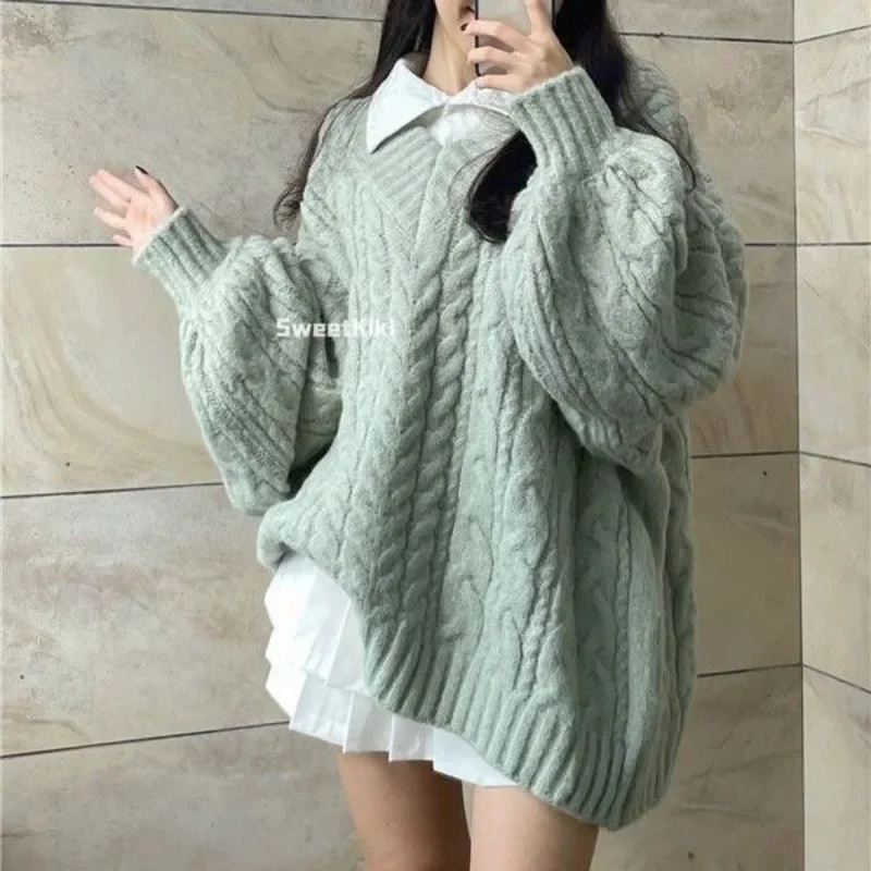 Oversized Women Sweater Winter Solid Pullovers Korean Knitwears V-neck Ladies Jumpers Knit Tops Vintage Pull Femme Sweatshirts