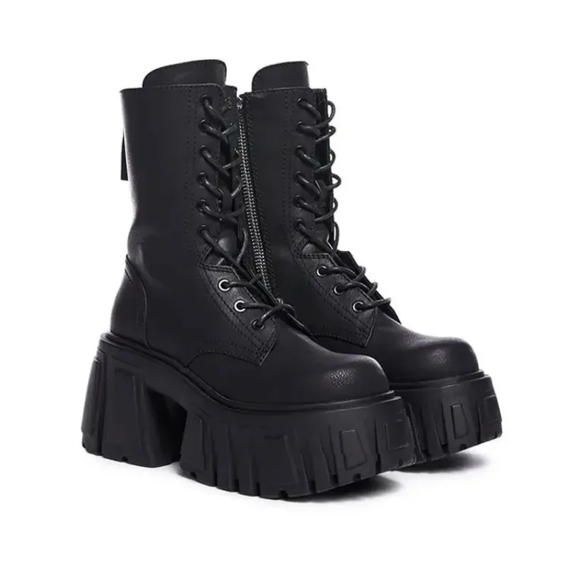 

Women's Mid-calf Boots Quality Casual Leather Boots Lace Up Height Increasing Platform Boots Fashion Motorcycle Boot Botas Mujer