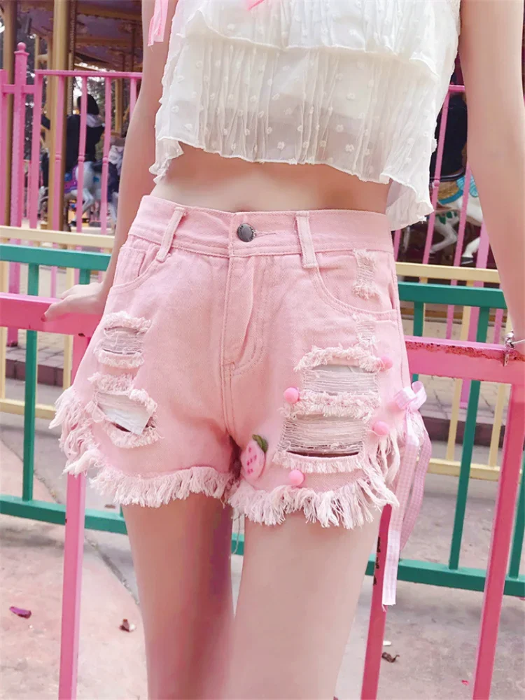 

Hotsweet High Waisted Shorts Korea Harajuku Street Summer Short Jeans Cute Sexy Ripped Denim Shorts Tassel Hole Pink Shorts Y2k