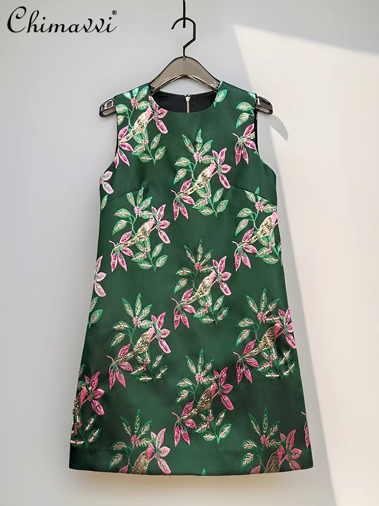 High-end Elegant Socialite Heavy Industry Bead Embroidered Dress Round Neck Sleeveless High Waist A-line Short Party Dress Women