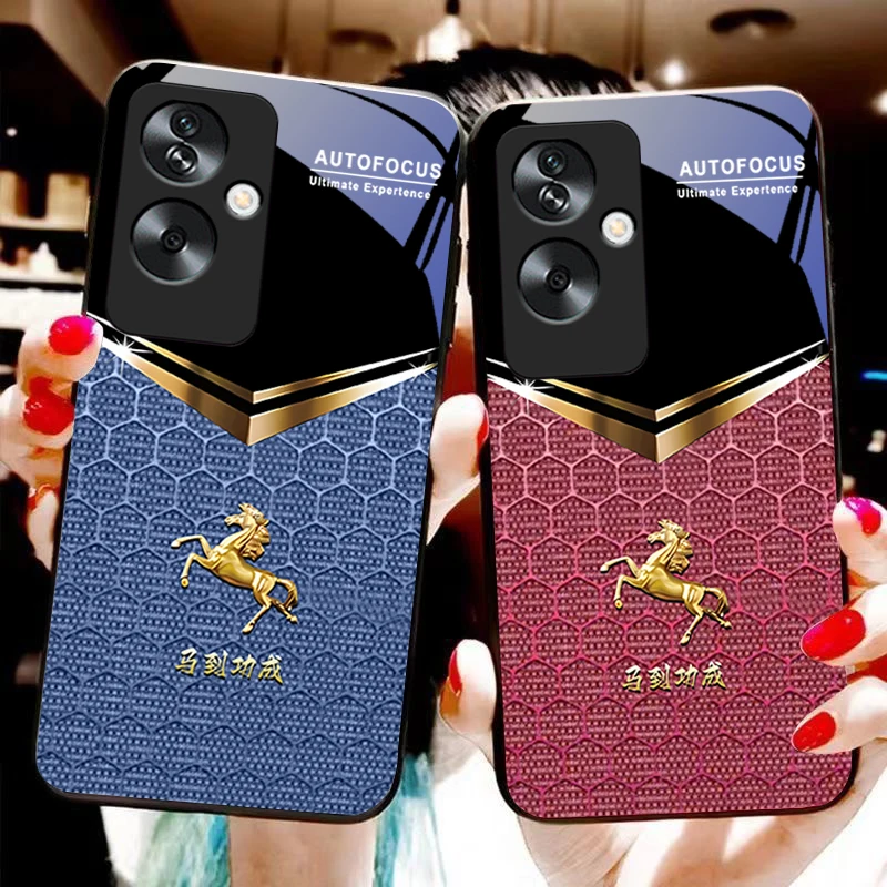 Honeycomb Green Horse For Oppo A79 5G 58 78 74 60 4G Reno 11F Realme GT 6 11 Note 50 10 C55 X2 Tempered glass black phone case