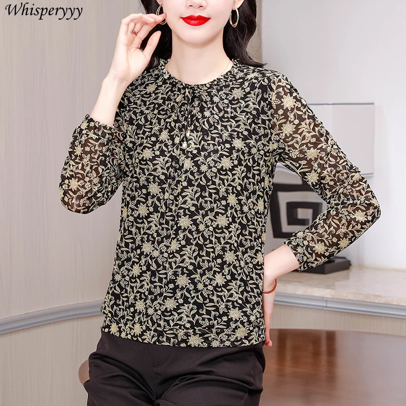 Spring Summer Printing Pullover Blouse for Women Clothing Temperament Long-sleeved Mesh Bottoming Shirt Female Casual O Neck Top