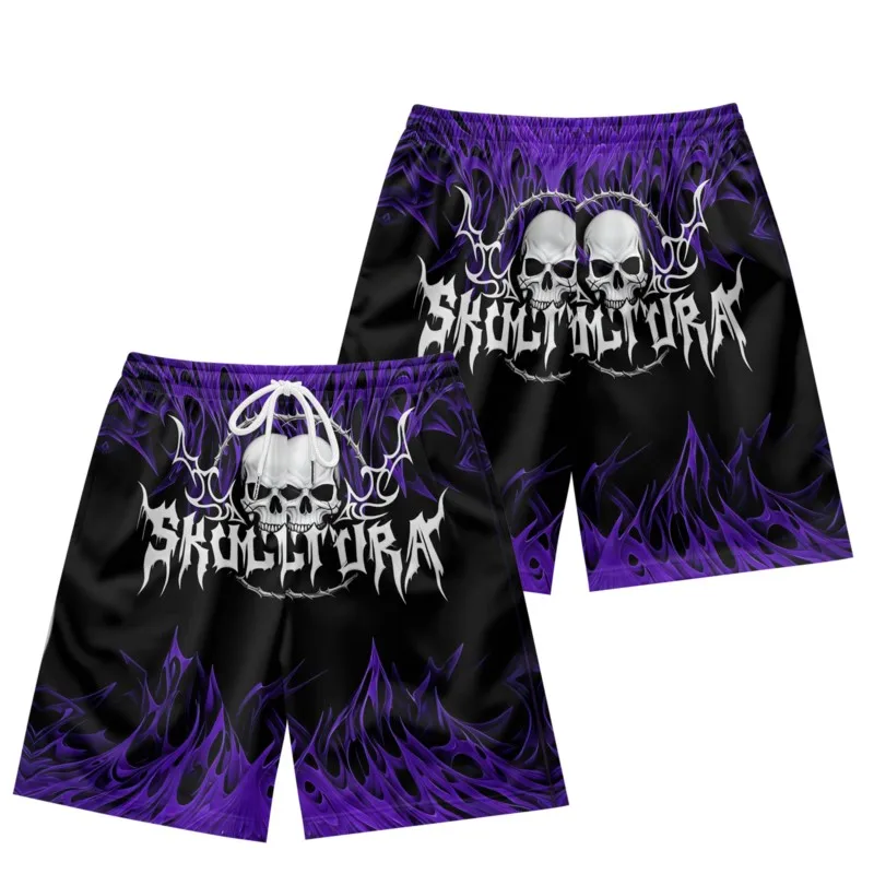 Two Skulls Print Men's Drawstring Waist Shorts Quick Dry Breathable Beach Shorts Casual Polyester Sport Shorts For Men