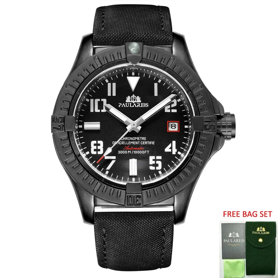 Automatic Mechanical Self Wind Black Bird Canvas Style Genuine Leather Date Luminous Fashion Men Watch