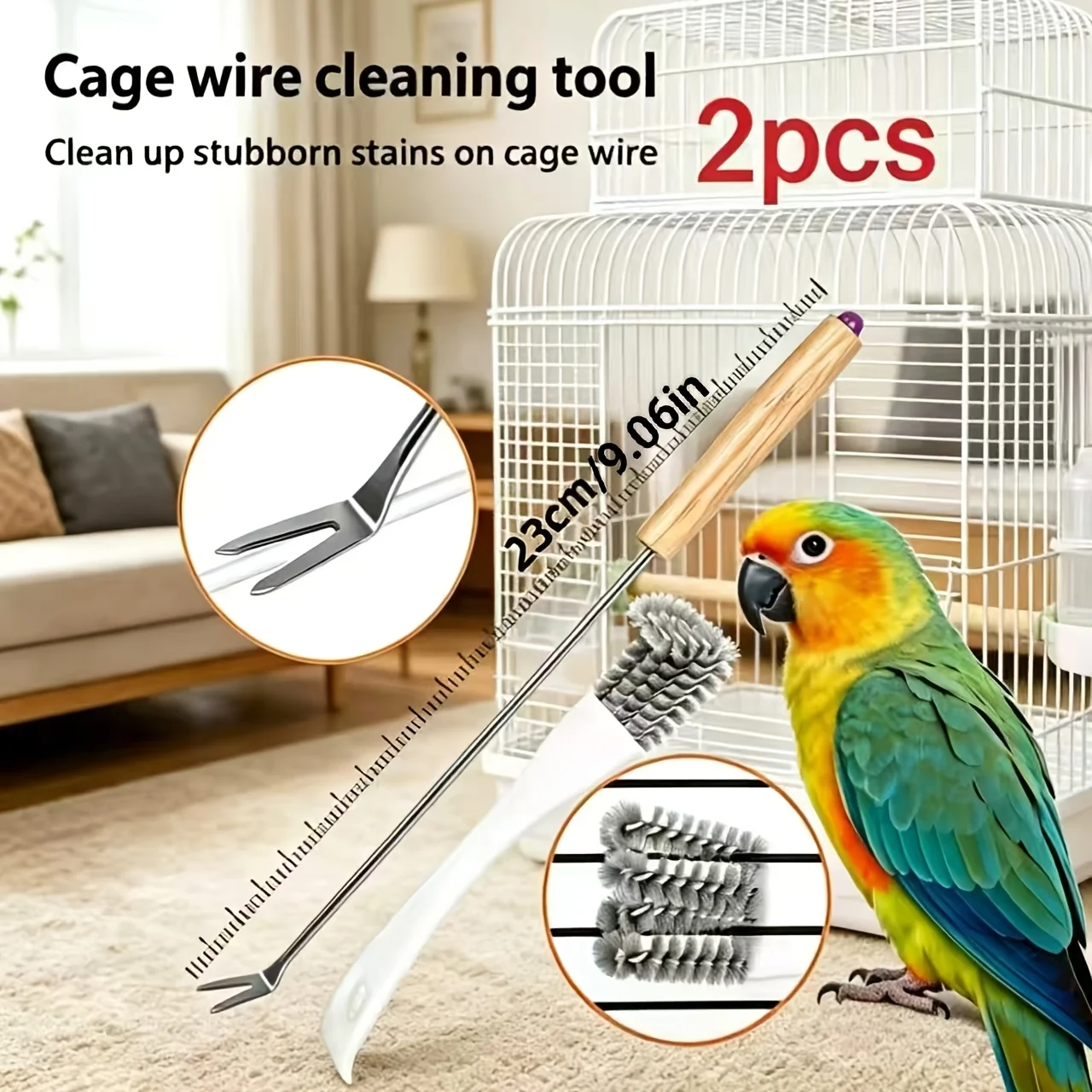 Vogelkäfig-Reinigungswerkzeug 2-teiliges Set Drahtspaltbürste und 23cm Edelstahl-Kotgabel-Schaber für Papageien- und Hamsterkäfige
