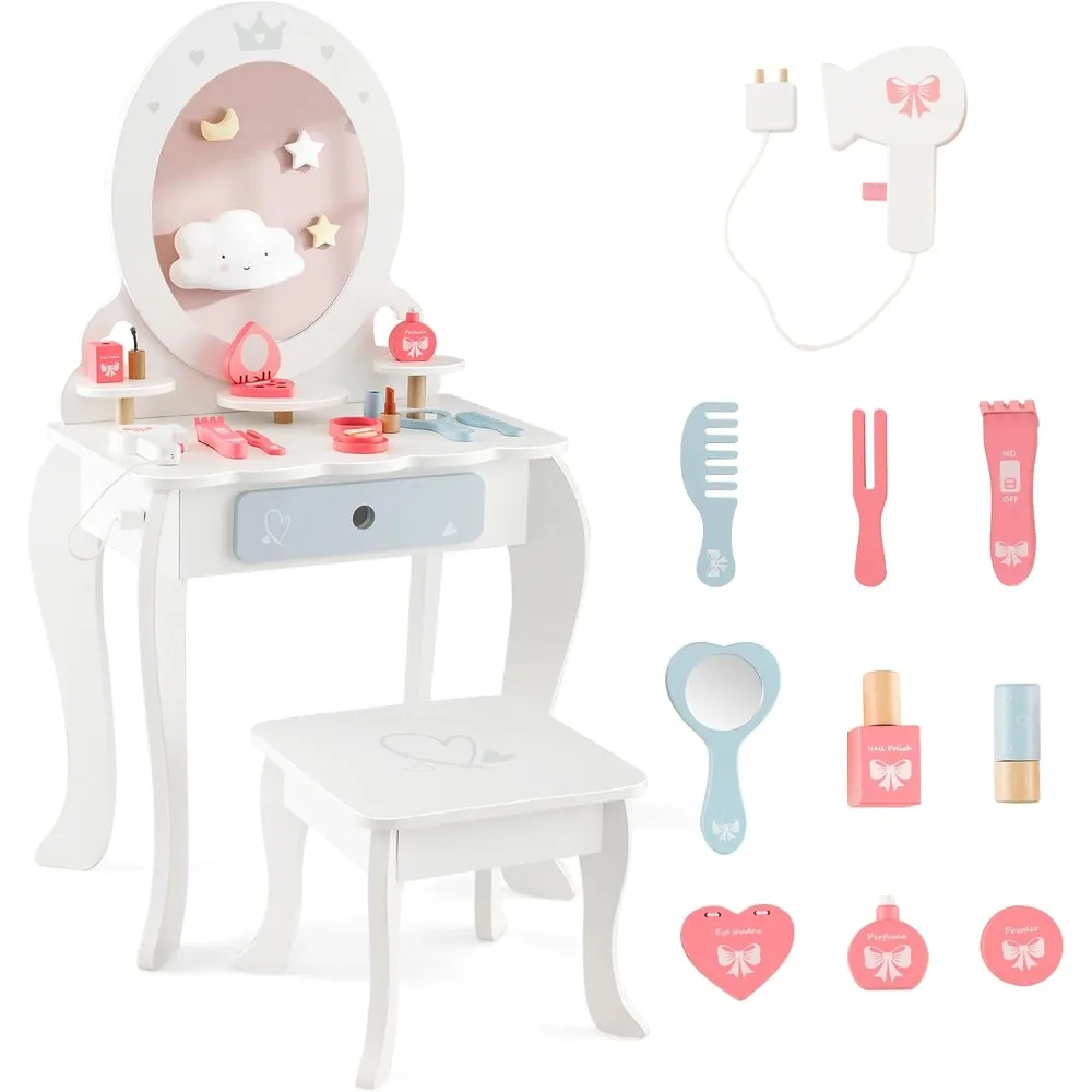 Vanity Set with Mirror, Princess Makeup Dressing Table & Stool Set, Toddler Vanity w/Accessories