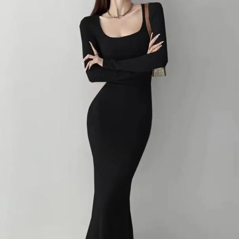 

Women's Spring and Autumn High Waisted Tight Fitting Slimming Fishtail Wrap Buttocks Solid Color Sleeved Slim Fit Dress CY103