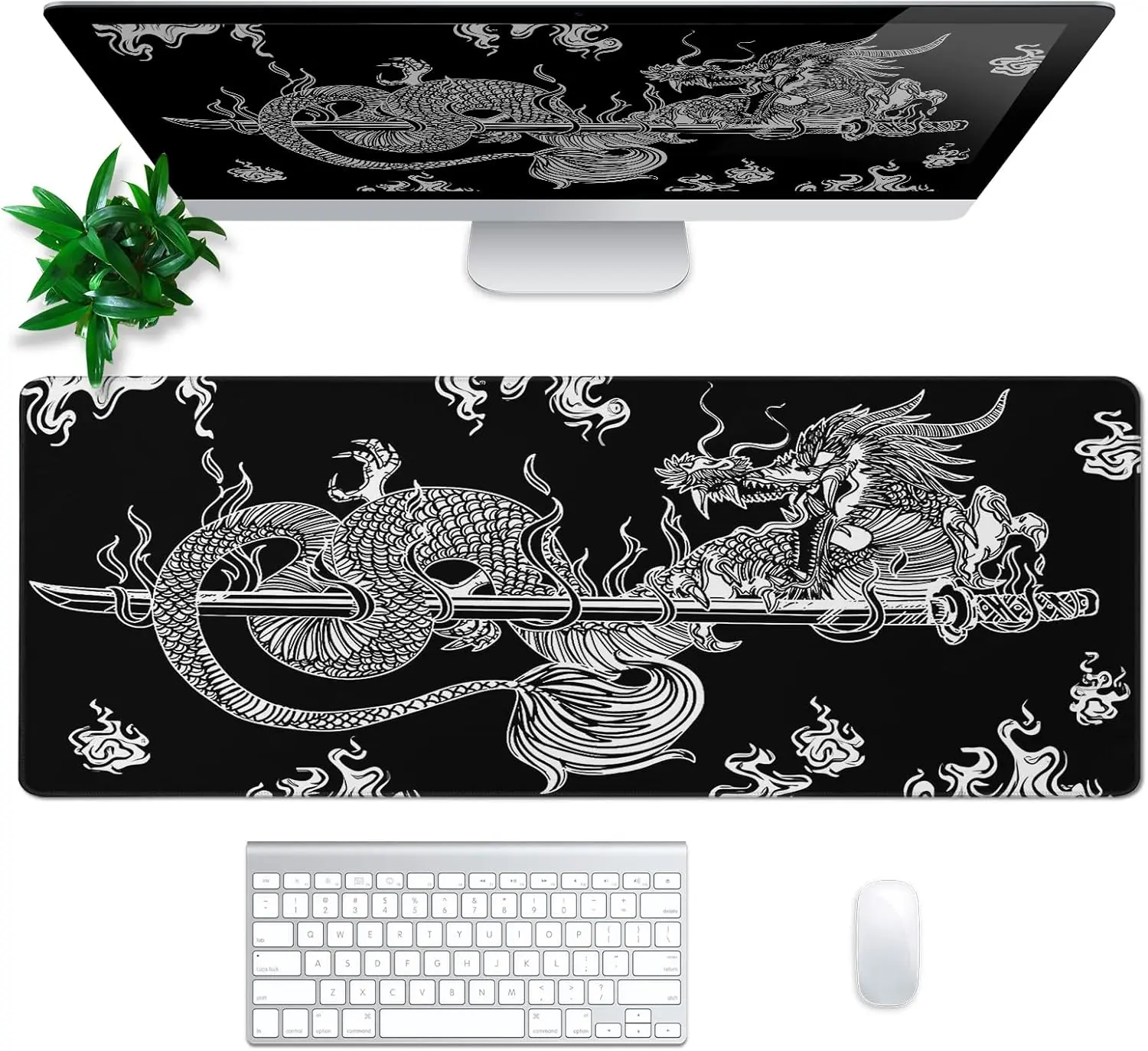 

A white dragon coiled around a sword game mousepad a black PC mechanical keyboard with anti-slip stitching and washable edges