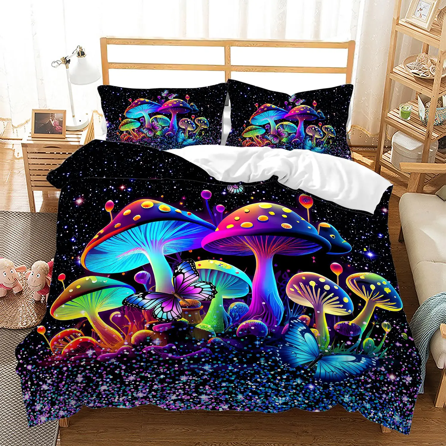 Cute Mushroom Duvet Cover for Boys Girls Fungus Room Decor Cartoon Mushroom Bedding Set, Kawaii Botanical Plants Comforter Cover
