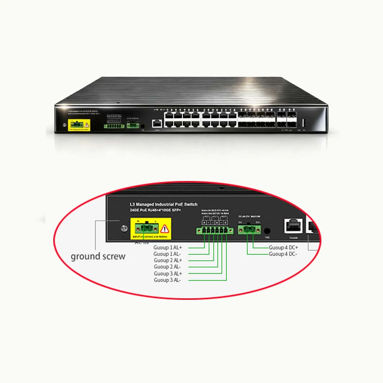 28 ports industrial L3 managed switch,16*1000M RJ45+8*1000M SFP+4*10G SFP+ uplink,dual AC/DC IN,Alarm in and put,ring network