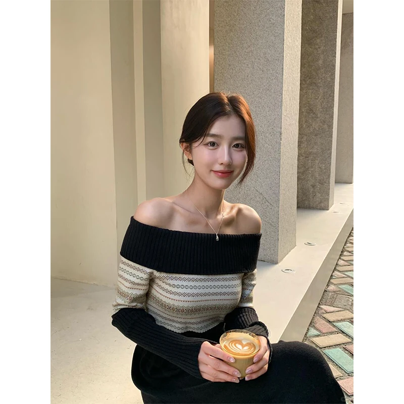 

MEXZT Vintage Slash Neck Sweater Women Cropped Print Knitted Pullovers Korean Sexy Off Shoulder Knitwears Winter Slim Jumpers