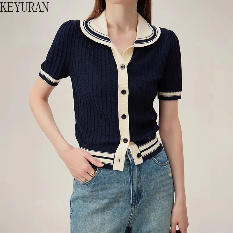 

College Style Contrast Polo Collar Knitted Cardigan Women 2025 Summer Peter Pan Collar Short Sleeve Sweater Knitwear Crop Top