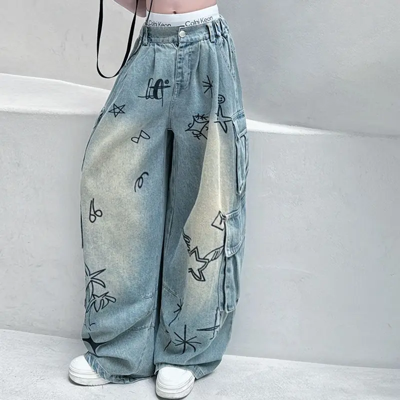

Retro cartoon loose teen girls jeans 12 junior girl summer design wide leg Cargo denim pants kids Multi pocket trousers