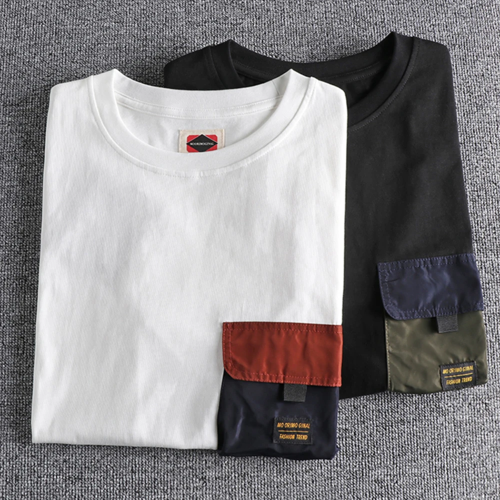 

Three dimensional pocket decoration short sleeve t-shirt men's Japanese department versatile round neck casual half sleeve top