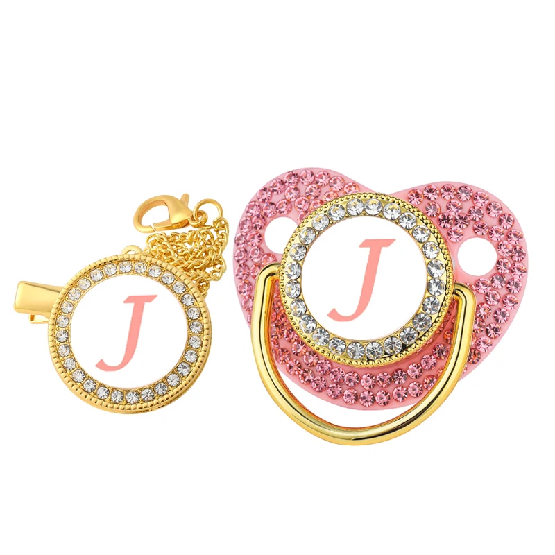 Clip per ciuccio per bambini in zircone di lusso lettera rosa supporto per ciucci personalizzato per neonato Bling capezzolo per massaggiagengive in Silicone senza BPA