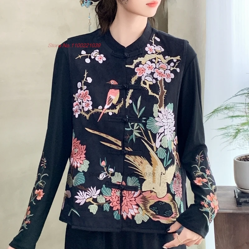 

Китайский винтажный жилет 2025 года, традиционный атласный жаккардовый народный жилет с национальной цветочной вышивкой, куртка без рукавов, этнические топы ханьфу