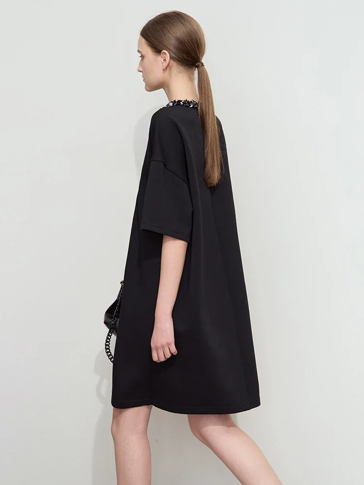Amii Minimalist T shirt Dress For Women 2025 Autumn New Elegant Fashion O Neck Short Sleeve Mid Length Knitted Dress 12511001