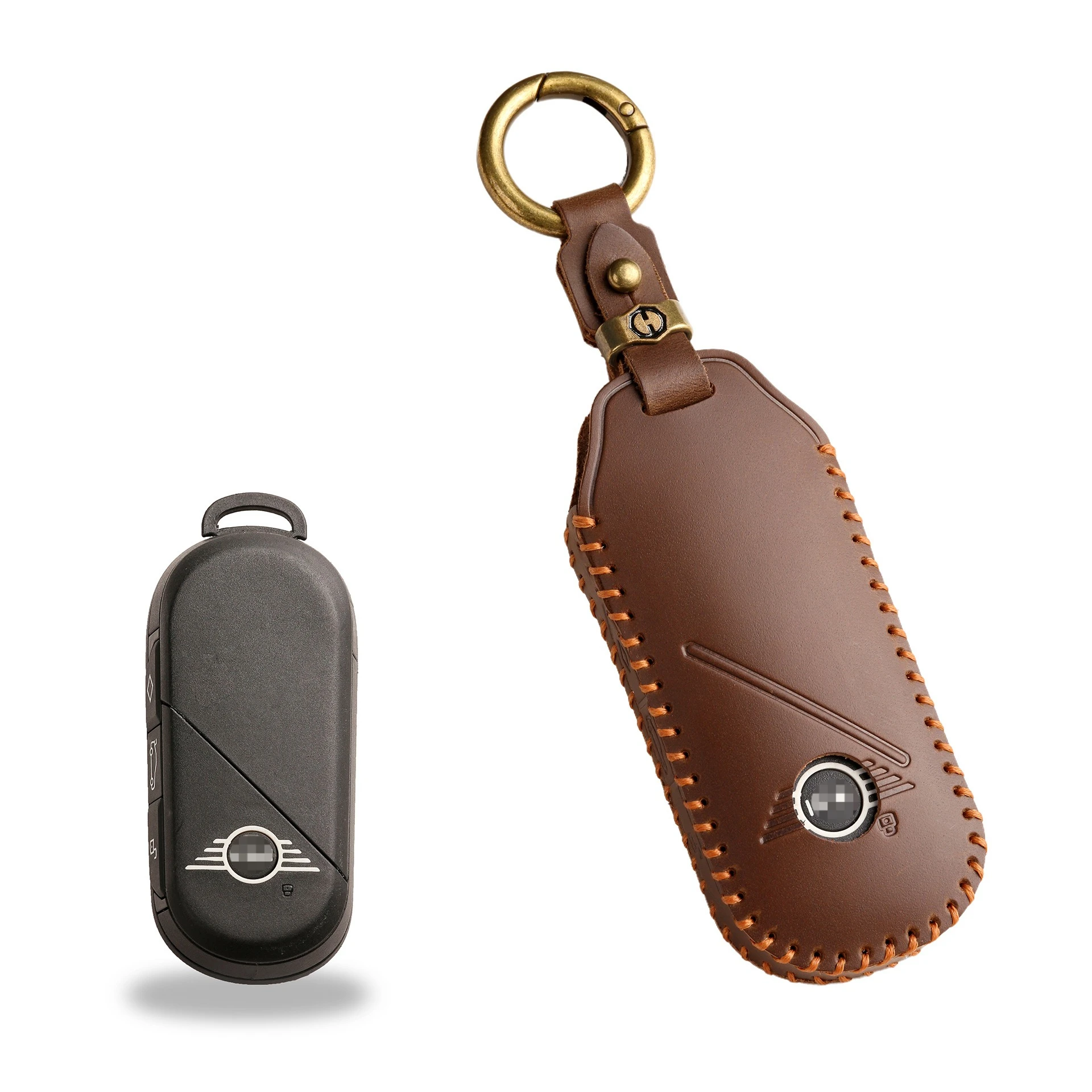 ​ Handgefertigtes Leder-Schlüsseletui für BMW MINI, Vollnarbiges Rindsleder mit Oranger Naht & Vintage-Messingring, Vor- und Nachbehandeltes Schlüsselgehäuse gezeigt