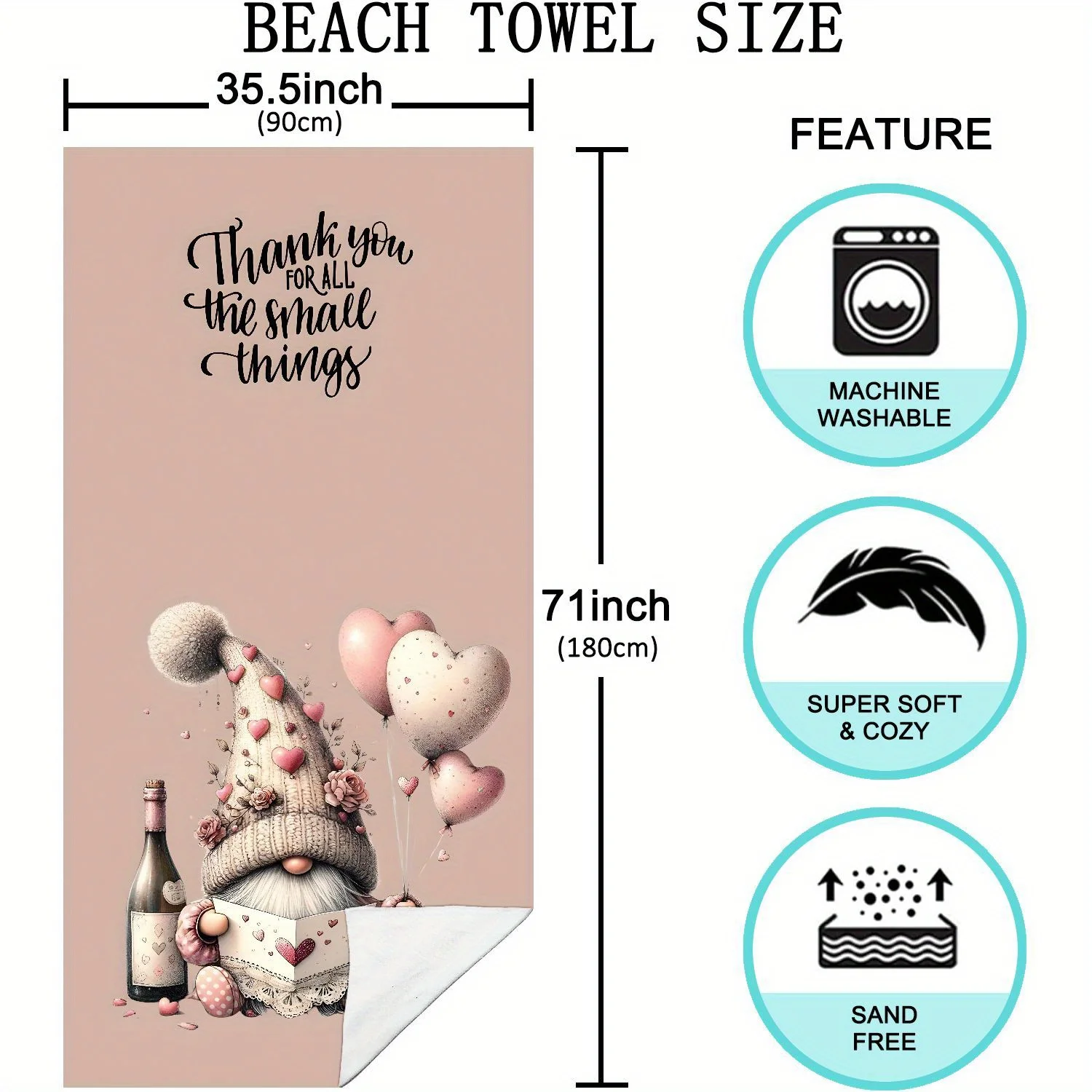 قطعة واحدة من من منشفة الشاطئ المصنوعة من الألياف الدقيقة سريعة الجفاف - تصميم "شكرًا لك على جميع الأشياء" مع جنوم وقلوب، خفيف الوزن وماص لـ Poo #6