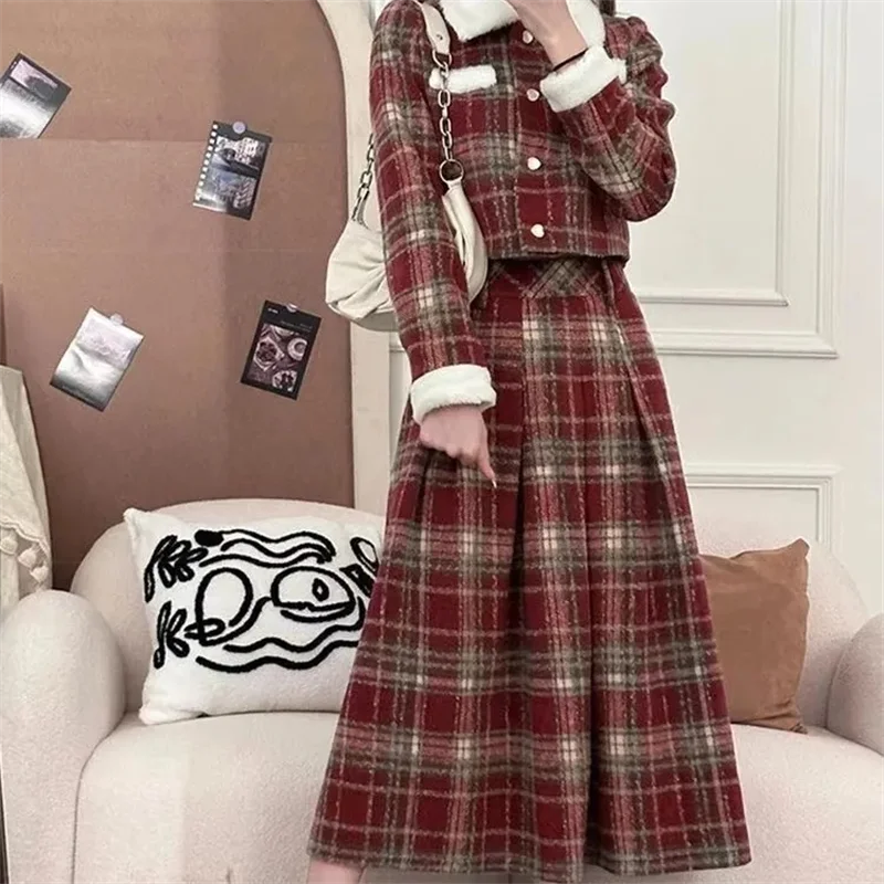 Spring and Autumn New Vintage plaid Plush Long Sleeve Splicing Short Coat+High Waist Long Skirt Set Plaid Two Piece Set Fashion