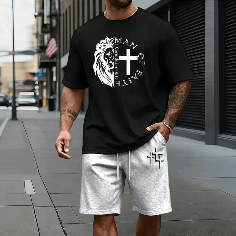 Summer Breathable Quick-Dry Men's T-Shirt and Shorts Set Lion-Print T-Shirt and Shorts Two-Piece Set Relaxed Fit Men's Apparel