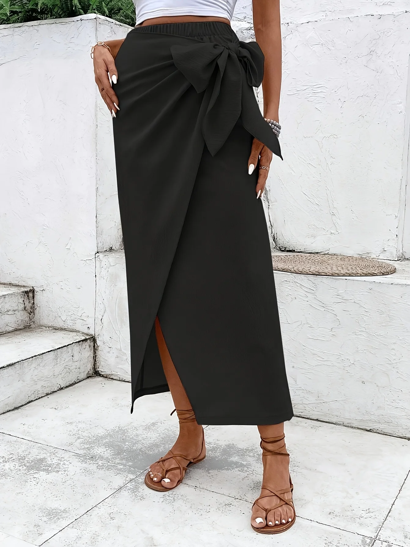 

Women's Wrap Midi Skirt with Bow Tie, High Waisted Asymmetric Slit Long Skirt for Casual Party Evening