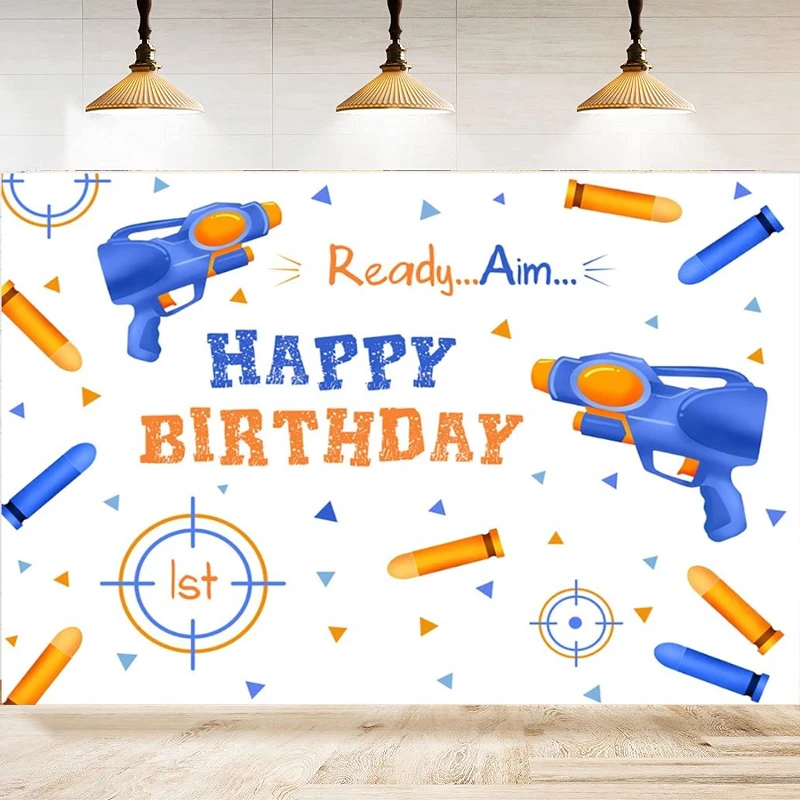 

Dart Toy Gun War Ready Aim Happy Birthday Photography Backdrop Target Shooting Background Party Decor For Kids Poster Banner