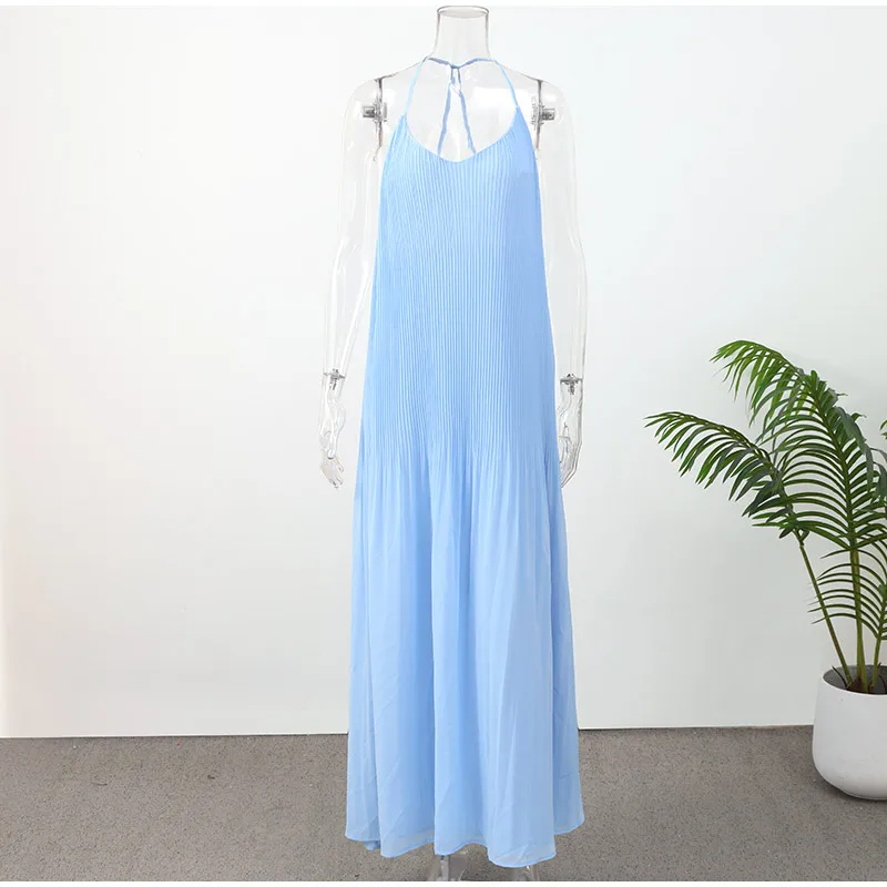 Light Blue Pleated Sling Long Dresses Women Sexy Backless Sleeveless A Line Robes Elegant Female Evening Party Club Gowns Sc789d1ae5aef4ace9db4d19c6c491c86V