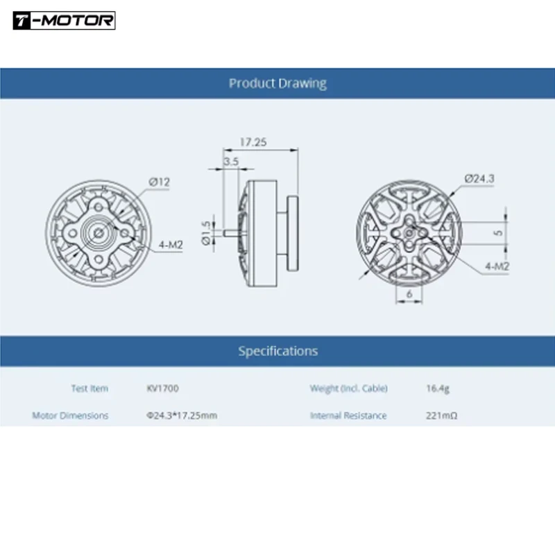 Moteur brushless T-Motor F2004 2004 1700KV 6S / 3000KV 4-5S, longue portée, arbre de 1,5 mm pour drone FPV de course quadricoptère de 3 à 5 pouces