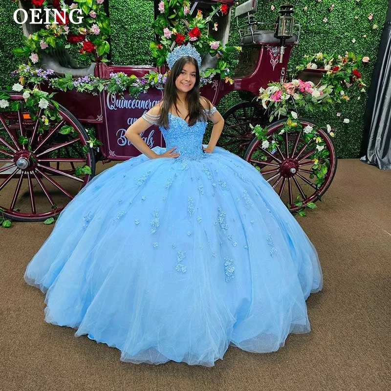 OEING-vestido de quinceañera azul cielo, 15 vestidos, Apliques de encaje, flor 3D, hombros descubiertos, cordones, tul, baile de graduación