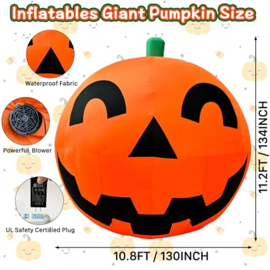 巨大な11.2フィートのハロウィンインフレータブルパンプキンデコレーション、特大ハロウィンブロウアップヤードデコレーション、内蔵LEDライト付き