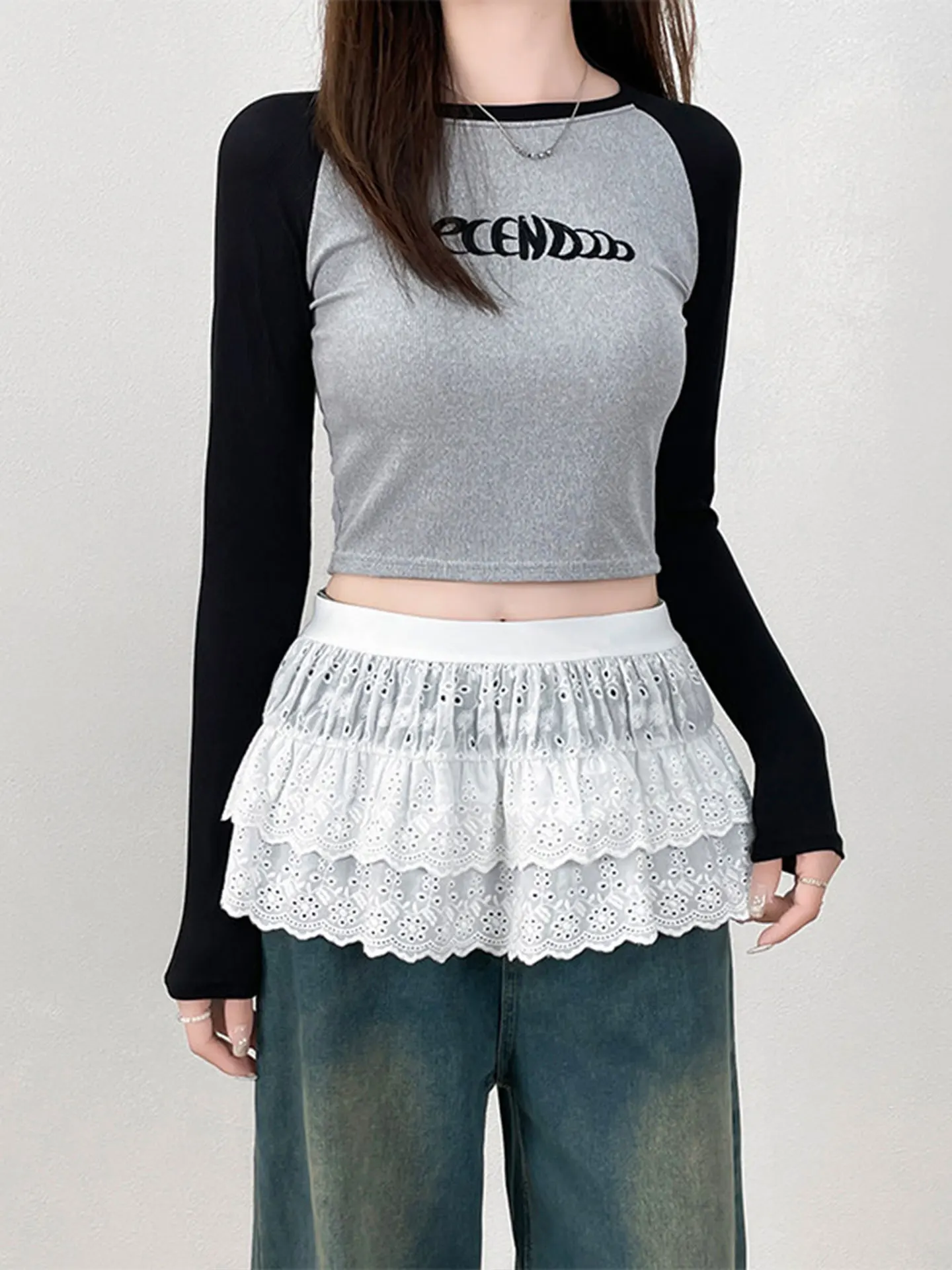 plus Size Women's Korean Style White Lace Cake Skirt High Waist Double Layer Ruffle Commute High End Feeling Panty Curtain
